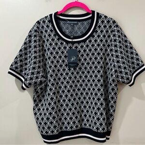 NWT Adrianna Papell Black Ornate Link  Top Short Sleeve Sweater Knit Women M